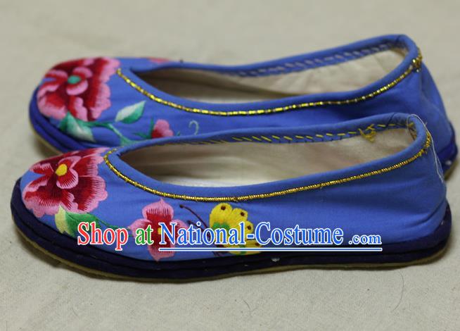 Chinese Traditional Embroidered Peony Butterfly Blue Shoes Hanfu Shoes for Women