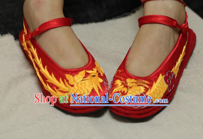 Chinese Traditional Embroidered Dragon Phoenix Red Satin Shoes Hanfu Shoes for Women