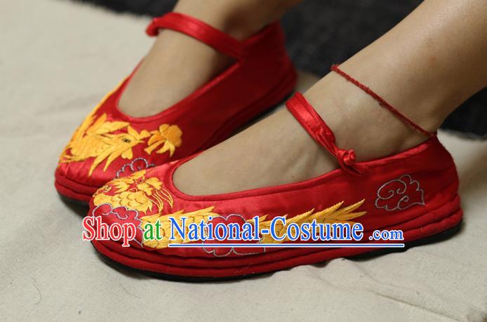 Chinese Traditional Embroidered Dragon Phoenix Red Satin Shoes Hanfu Shoes for Women