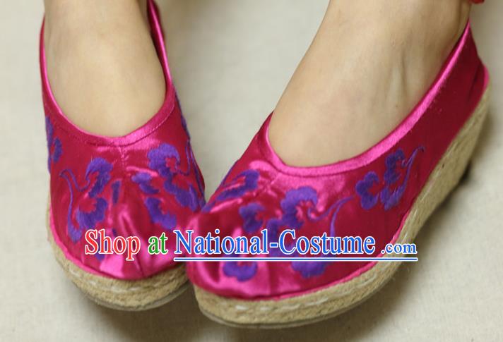 Chinese Traditional National Embroidered Rosy Satin Shoes Hanfu Shoes for Women