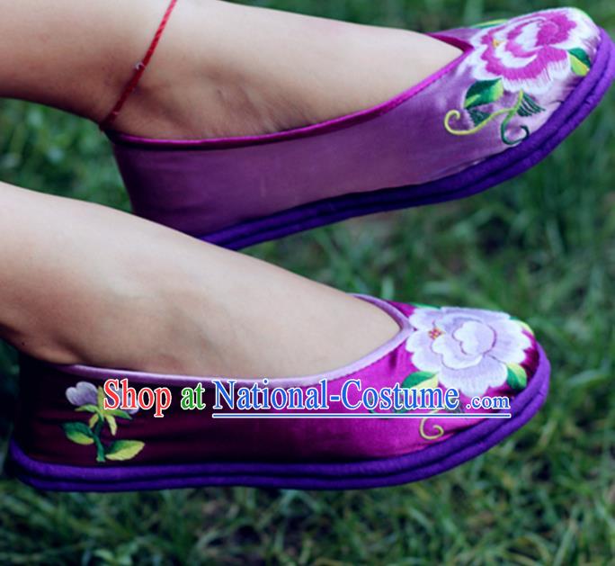 Chinese Traditional National Embroidered Peony Purple Shoes Hanfu Shoes for Women