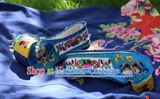 Chinese Handmade Embroidered Blue Shoes Hanfu Shoes Traditional National Shoes for Women