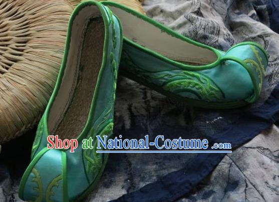 Chinese Handmade Green Embroidered Shoes Hanfu Shoes Traditional National Shoes for Women