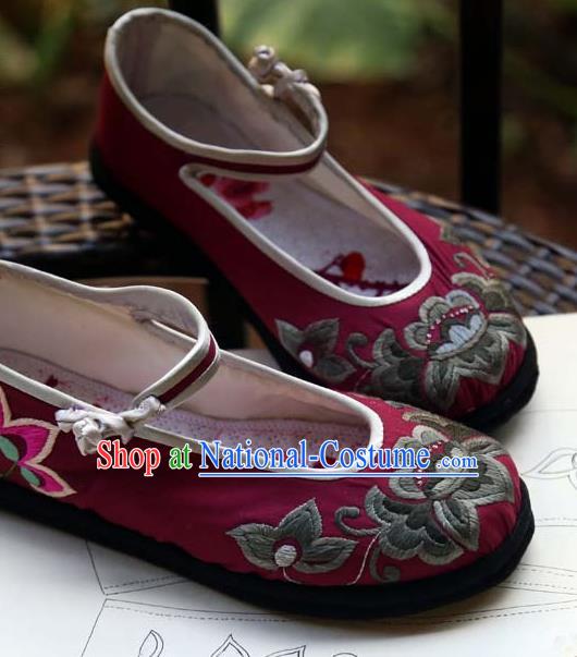 Chinese Traditional National Embroidered Wine Red Shoes Hanfu Shoes for Women