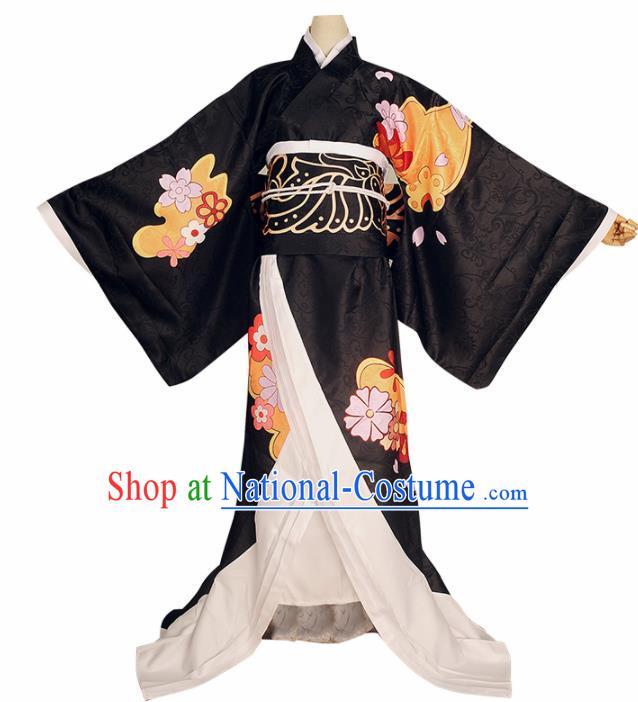 Japanese Cosplay Geisha Black Kimono Dress Traditional Ancient Courtesan Costume for Women