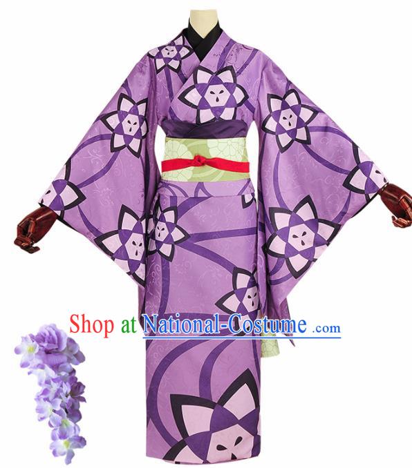 Japanese Cosplay Geisha Purple Kimono Dress Traditional Ancient Courtesan Costume for Women