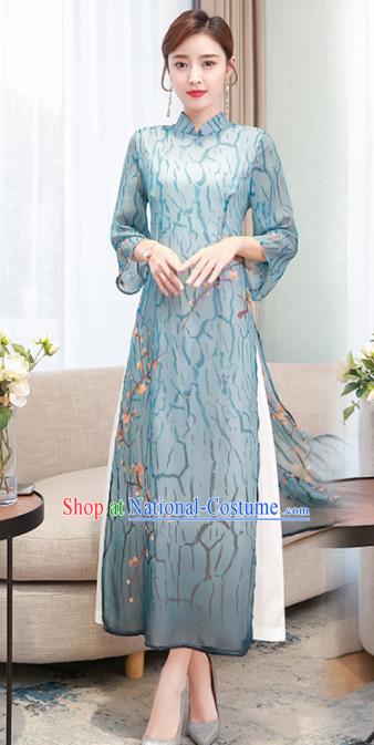 Chinese Traditional Compere Blue Organza Cheongsam Costume China National Qipao Dress for Women