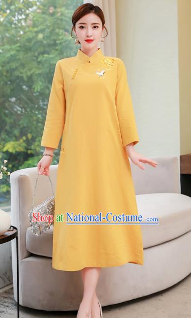 Chinese Traditional Compere Embroidered Yellow Cheongsam Costume China National Qipao Dress for Women