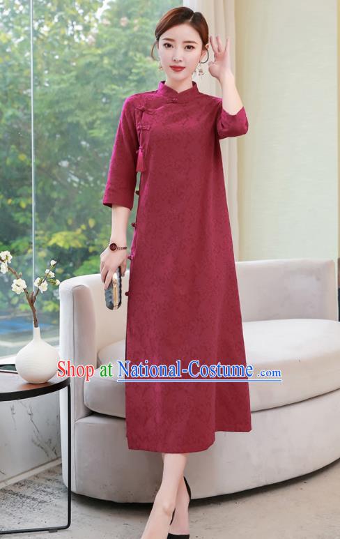 Chinese Traditional Compere Wine Red Cotton Cheongsam Costume China National Qipao Dress for Women