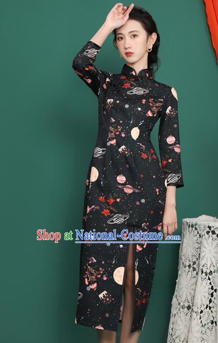 Chinese Traditional Compere Printing Black Cheongsam Costume China National Qipao Dress for Women