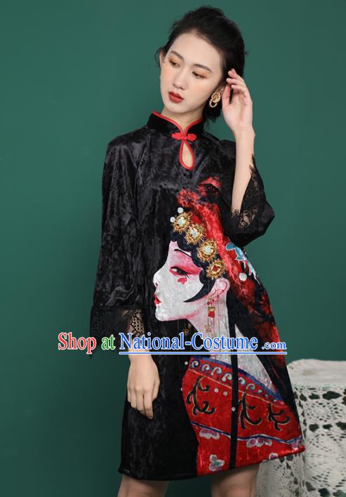 Chinese Traditional Compere Printing Black Velvet Cheongsam Costume China National Qipao Dress for Women