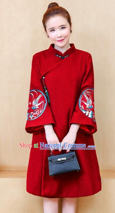 Chinese Traditional Compere Embroidered Red Woolen Cheongsam Costume China National Qipao Dress for Women