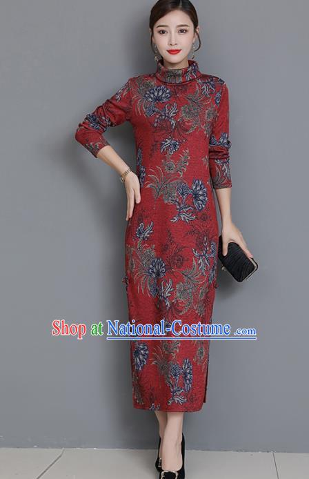 Chinese Traditional Compere Purplish Red Cheongsam Costume China National Qipao Dress for Women