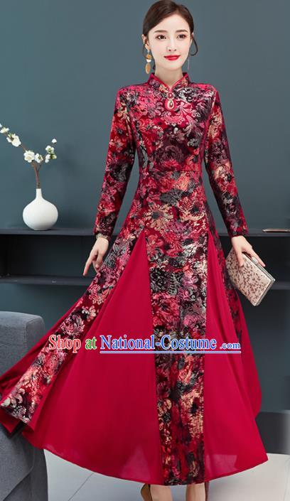 Chinese Traditional Compere Mother Printing Red Cheongsam Costume China National Qipao Dress for Women