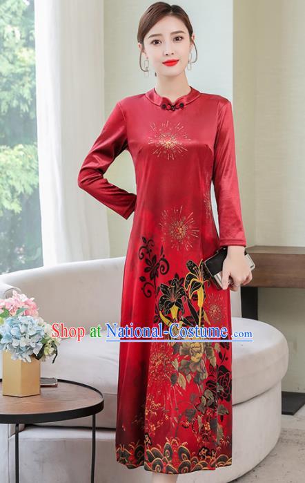 Chinese Traditional Printing Red Mother Cheongsam Costume China National Qipao Dress for Women