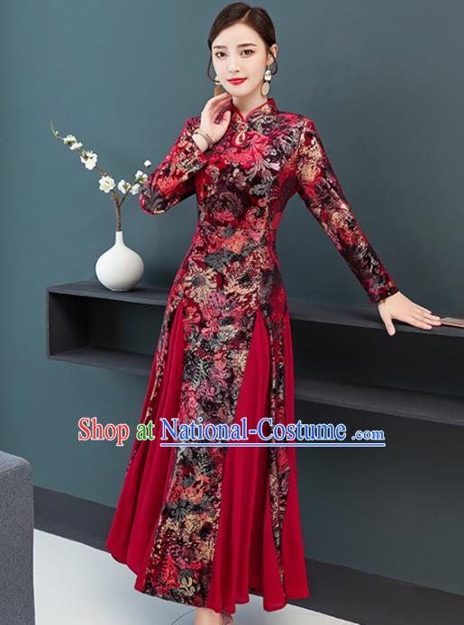 Chinese Traditional Compere Mother Printing Red Cheongsam Costume China National Qipao Dress for Women