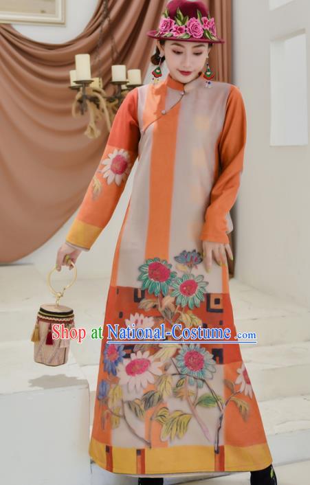 Chinese Traditional Compere Printing Orange Suede Fabric Cheongsam Costume China National Qipao Dress for Women