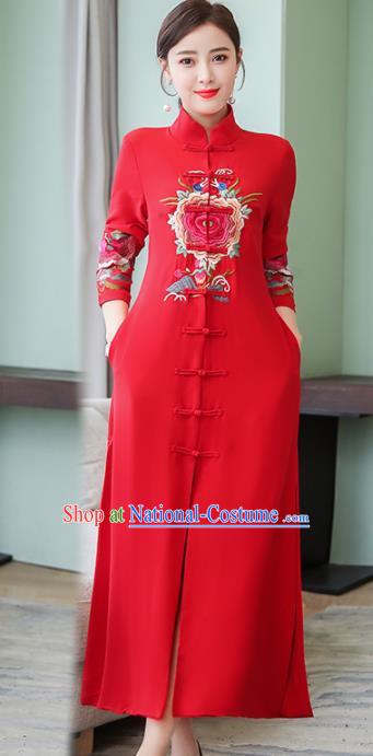 Chinese Traditional Embroidered Peony Red Front Opening Cheongsam Costume China National Qipao Dress for Women