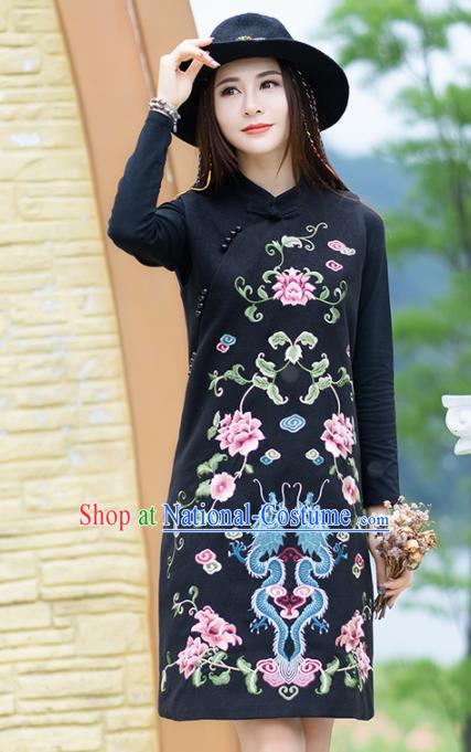 Chinese Traditional Embroidered Black Wool Cheongsam Vest Costume China National Qipao Dress for Women