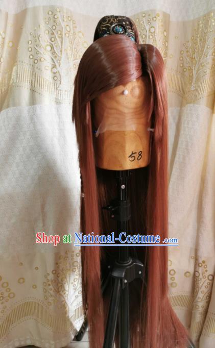 Custom Chinese Cosplay Swordsman Brown Wigs Ancient Knight Hair Chignon and Accessories for Men