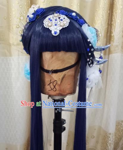 Chinese Cosplay Female Swordsman Deep Blue Wigs Ancient Fairy Princess Hair Chignon and Accessories for Women