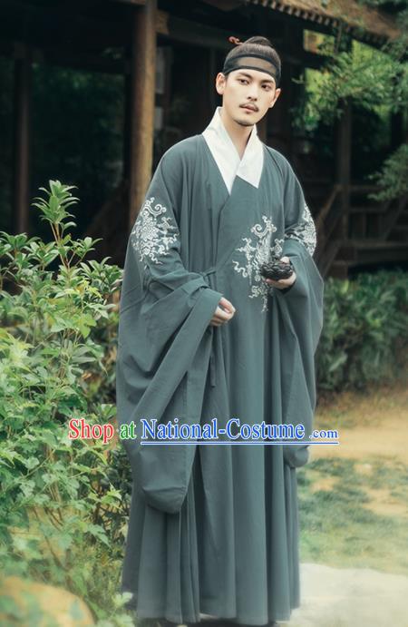 Chinese Ancient Taoist Priest Atrovirens Embroidered Robe Traditional Ming Dynasty Scholar Costumes for Men