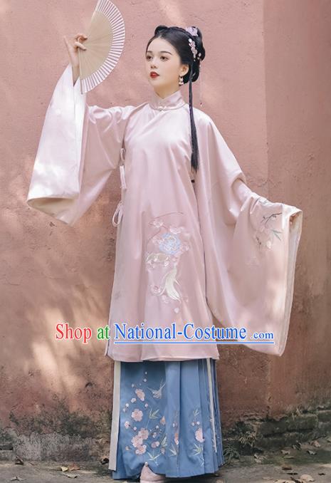 Chinese Ancient Rich Lady Embroidered Pink Gown and Skirt Traditional Ming Dynasty Court Costumes for Women