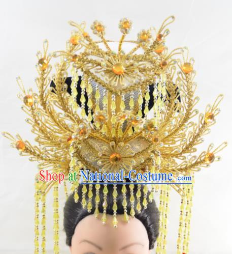 Chinese Traditional Peking Opera Queen Yellow Beads Tassel Phoenix Crown Handmade Ancient Court Lady Hair Accessories for Women