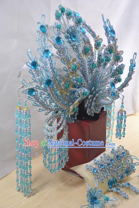 Chinese Traditional Peking Opera Queen Blue Beads Tassel Phoenix Crown Handmade Ancient Court Lady Hair Accessories for Women