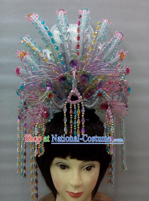 Chinese Traditional Peking Opera Diva Colorful Tassel Phoenix Crown Handmade Ancient Court Lady Hair Accessories for Women