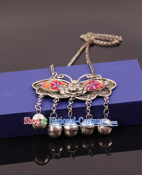 Chinese Traditional Miao Nationality Pink Butterfly Necklace Handmade Ethnic Silver Necklet Accessories for Women