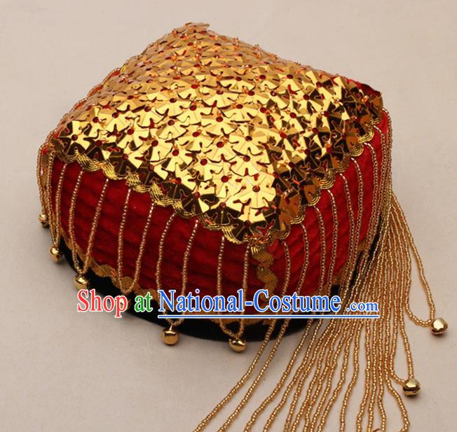 Chinese Traditional Uyghur Nationality Golden Sequins Tassel Red Hat Ethnic Folk Dance Stage Show Headwear for Women