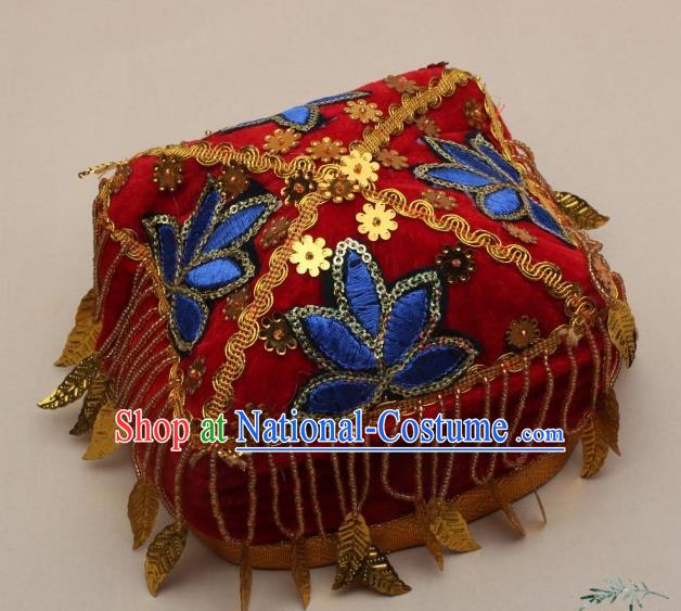 Chinese Traditional Uyghur Nationality Girls Embroidered Red Velvet Hat Ethnic Folk Dance Stage Show Headwear for Kids