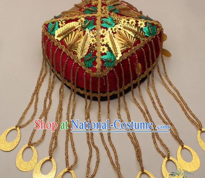 Chinese Traditional Uyghur Nationality Girls Golden Beads Tassel Hat Ethnic Folk Dance Stage Show Headwear for Kids