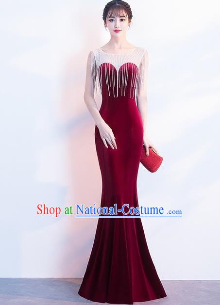 Top Grade Compere Wine Red Velvet Full Dress Annual Gala Stage Show Costume for Women