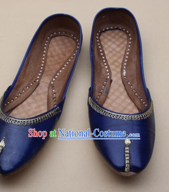 Asian Nepal National Handmade Deep Blue Leather Shoes Indian Traditional Folk Dance Shoes for Women