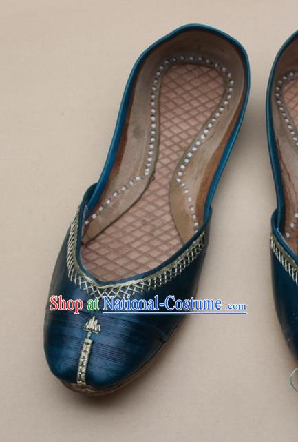 Asian Nepal National Handmade Lake Blue Leather Shoes Indian Traditional Folk Dance Shoes for Women