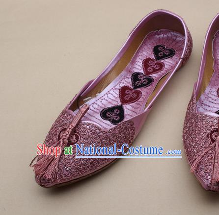 Asian Nepal National Handmade Pink Embroidered Shoes Indian Traditional Folk Dance Leather Shoes for Women