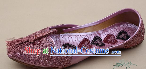 Asian Nepal National Handmade Pink Embroidered Shoes Indian Traditional Folk Dance Leather Shoes for Women