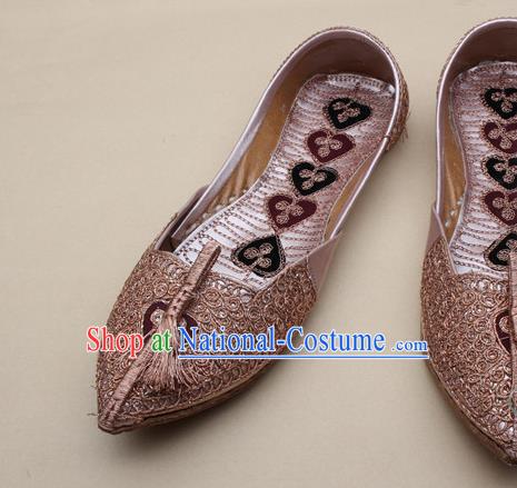 Asian Nepal National Handmade Champagne Embroidered Shoes Indian Traditional Folk Dance Leather Shoes for Women