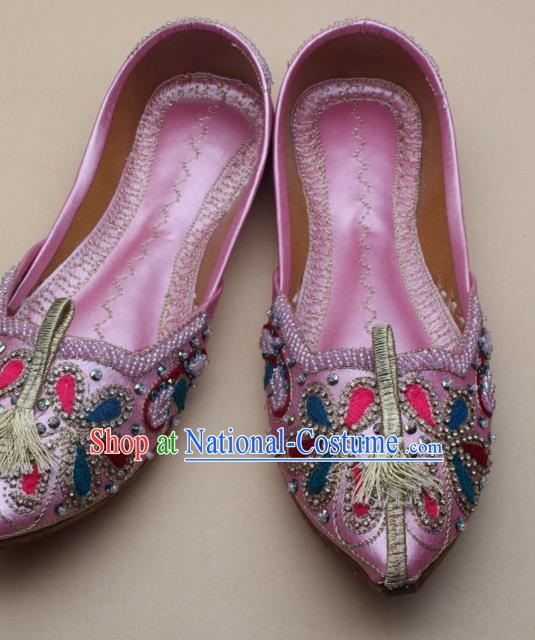 Asian Nepal National Handmade Embroidered Pink Shoes Indian Traditional Folk Dance Leather Shoes for Women