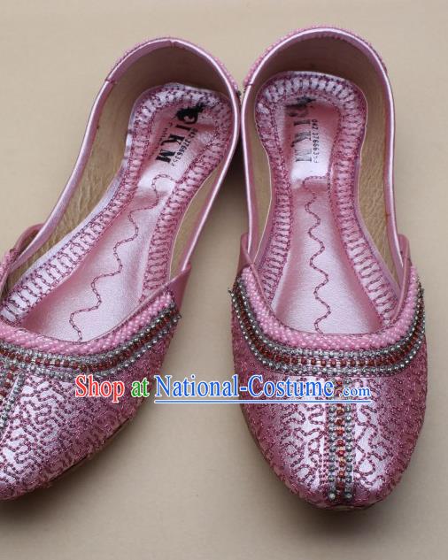 Asian Nepal National Handmade Pink Embroidered Shoes Indian Traditional Folk Dance Leather Shoes for Women