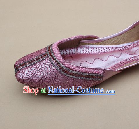 Asian Nepal National Handmade Pink Embroidered Shoes Indian Traditional Folk Dance Leather Shoes for Women