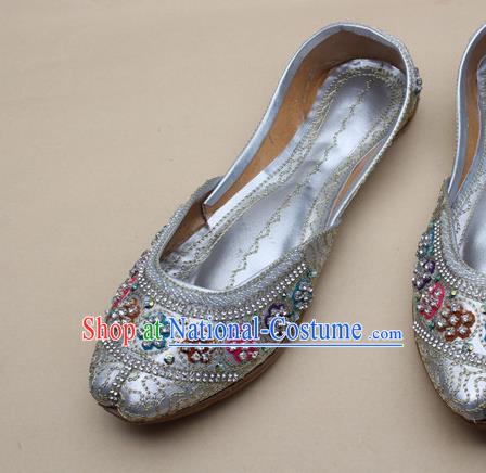 Asian Nepal National Light Grey Leather Shoes Handmade Indian Traditional Folk Dance Shoes for Women