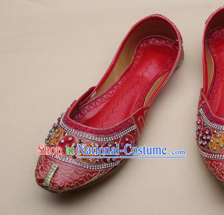 Asian Nepal National Red Leather Shoes Handmade Indian Traditional Folk Dance Shoes for Women