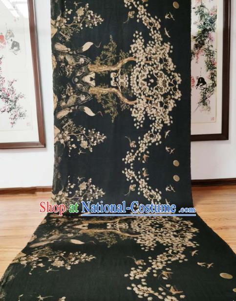 Asian Chinese Traditional Pine Crane Pattern Design Black Gambiered Guangdong Gauze Fabric Silk Material