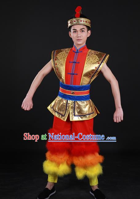 Chinese Traditional Yao Nationality Festival Drum Dance Red Outfits Ethnic Minority Folk Dance Stage Show Costume for Men