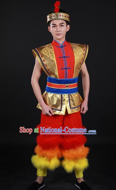 Chinese Traditional Yao Nationality Festival Drum Dance Red Outfits Ethnic Minority Folk Dance Stage Show Costume for Men