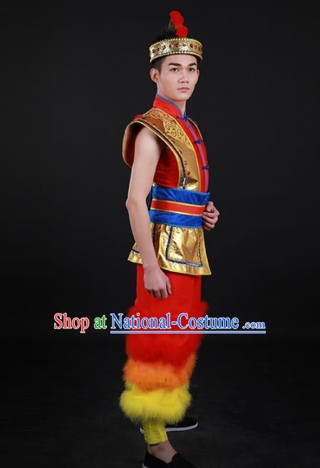 Chinese Traditional Yao Nationality Festival Drum Dance Red Outfits Ethnic Minority Folk Dance Stage Show Costume for Men