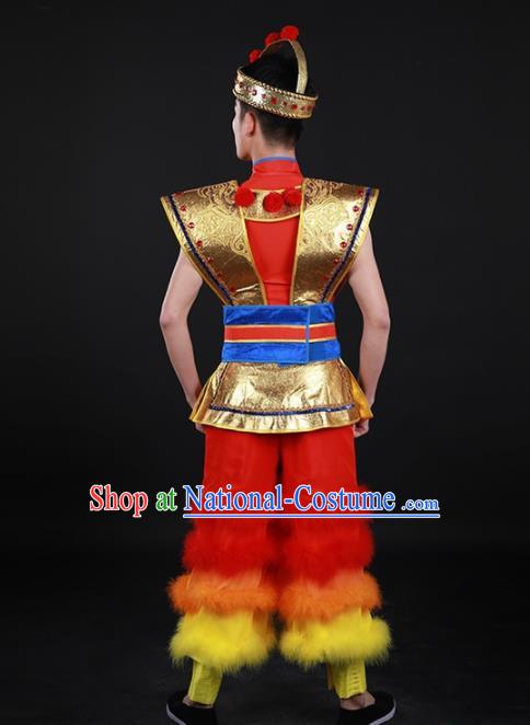 Chinese Traditional Yao Nationality Festival Drum Dance Red Outfits Ethnic Minority Folk Dance Stage Show Costume for Men